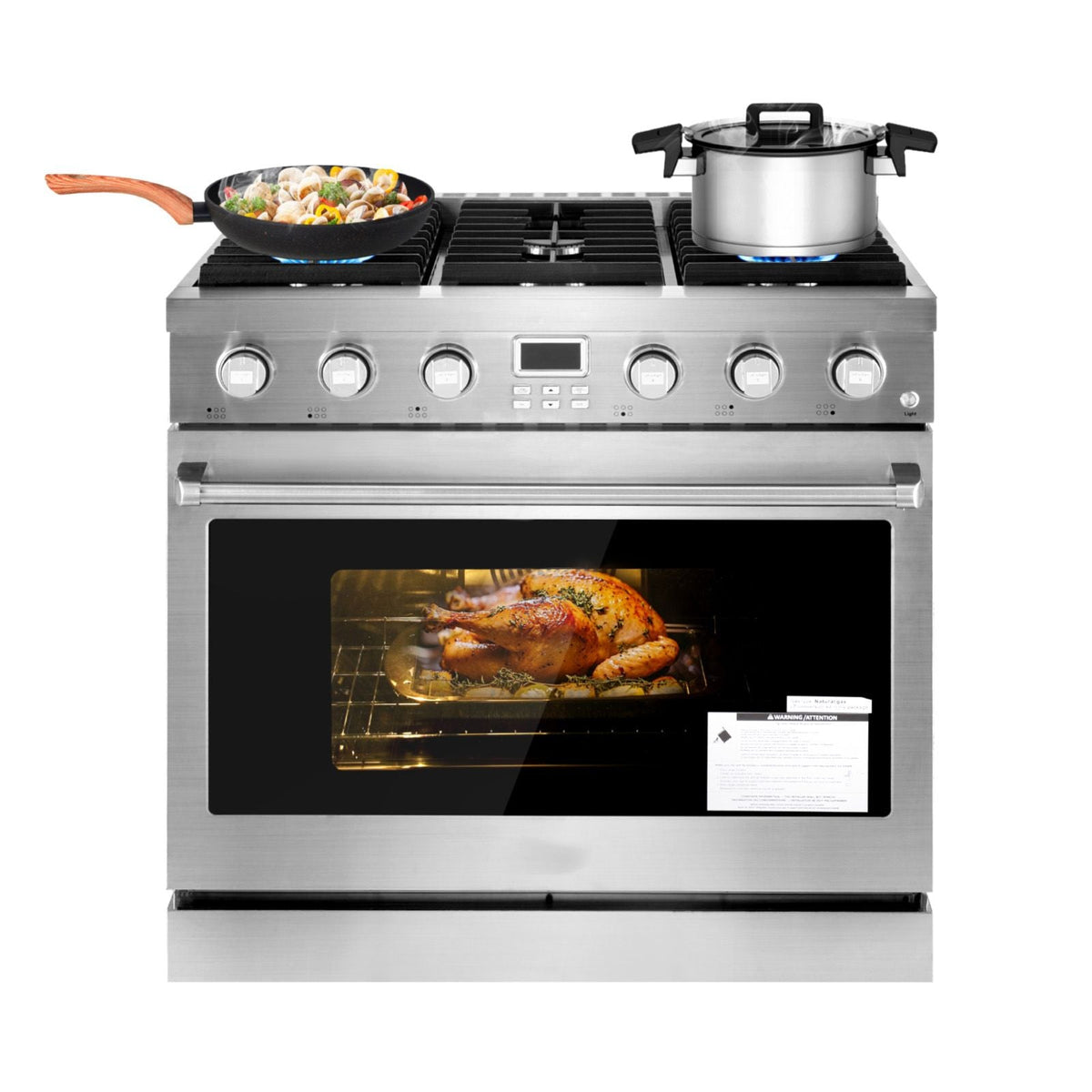 Gas Range Oven, 35.9 Inches Width, Freestanding Stainless Steel Stove and Oven with 6 Sealed Cooktop Burners, Easy Reach Racks, Halogen Light, 6.0 Cu. Ft. Capacity, for Apartment, Home, Kitchen