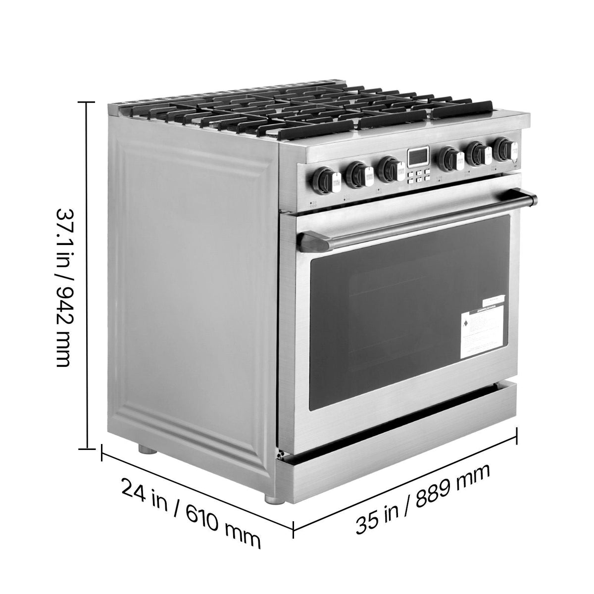 Gas Range Oven, 35.9 Inches Width, Freestanding Stainless Steel Stove and Oven with 6 Sealed Cooktop Burners, Easy Reach Racks, Halogen Light, 6.0 Cu. Ft. Capacity, for Apartment, Home, Kitchen