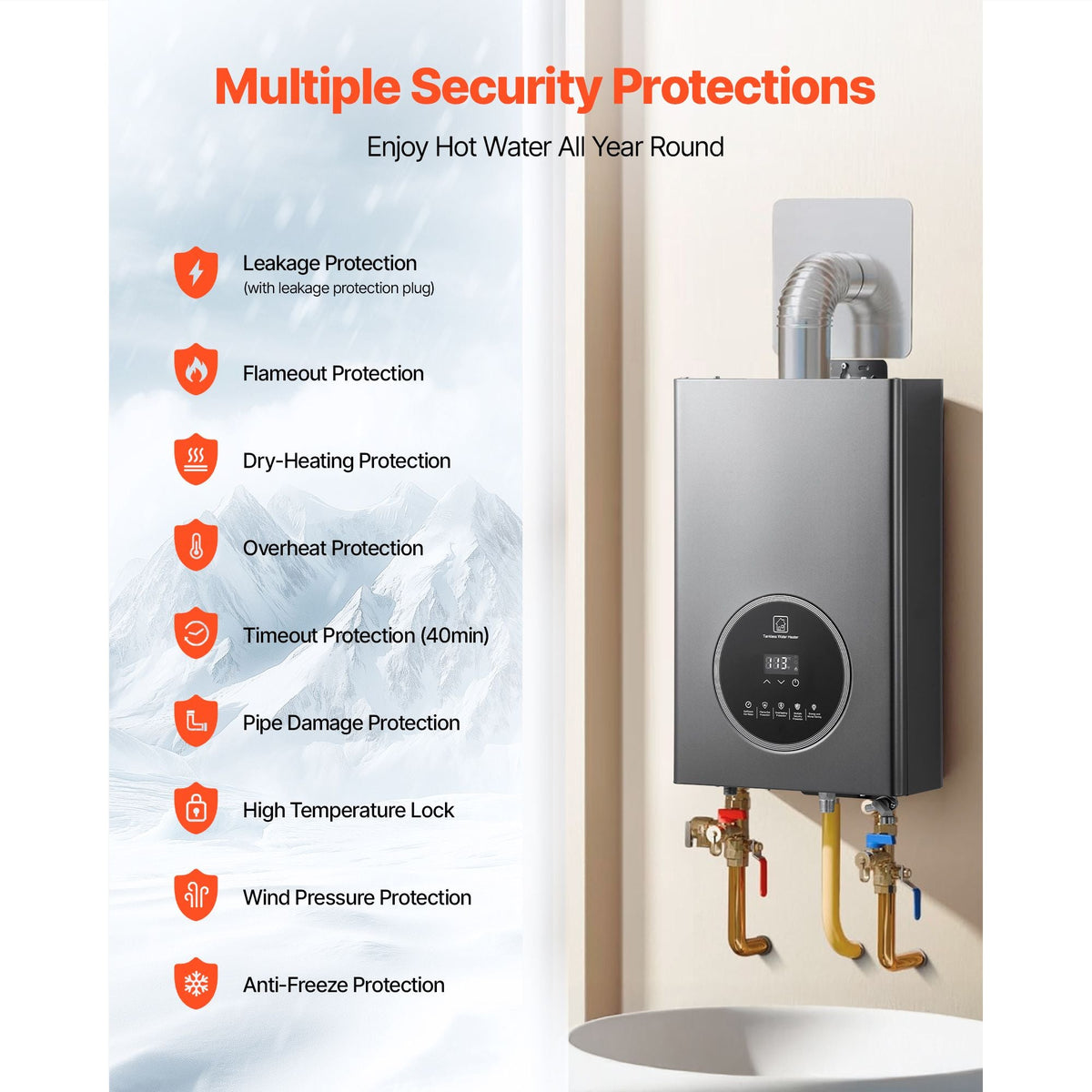 Gas Tankless Water Heater, 4.3Gal Indoor 100000 BTU Instant Hot Water Heater, Smart Temperature Control & Clear LED Display & Multiple Security Protections for Whole House,Silver Gray