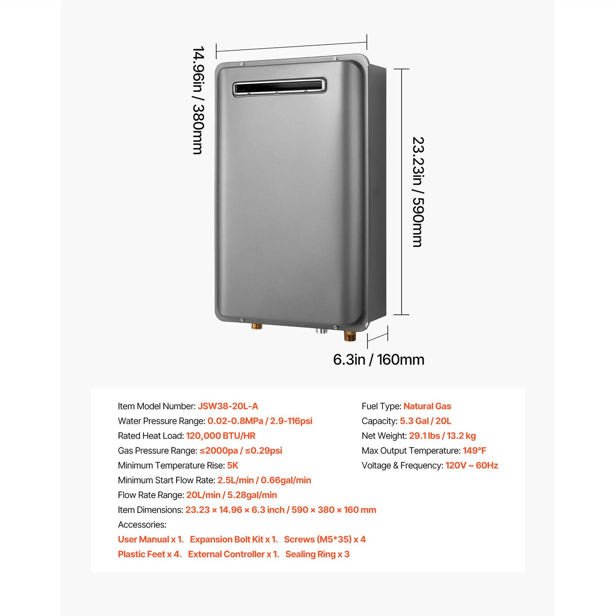 Gas Tankless Water Heater, 5.3Gal Outdoor 120000 BTU Instant Hot Water Heater, Smart Temperature Control & 3/4 inch NPT Interface& Multiple Security Protections for Whole House, Silver Gray