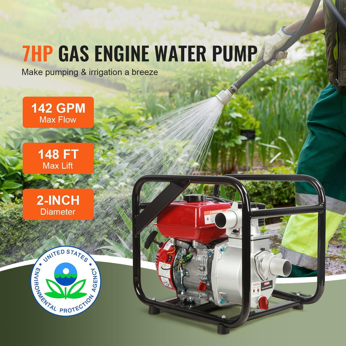 Gasoline Engine Water Pump, 2-inch, 7HP 142 GPM, 148ft Lift, 22ft Suction, 4-Stroke Gas Powered Trash Water Transfer Pump Portable High Pressure with 25ft Hose for Irrigation Pool, EPA Certified