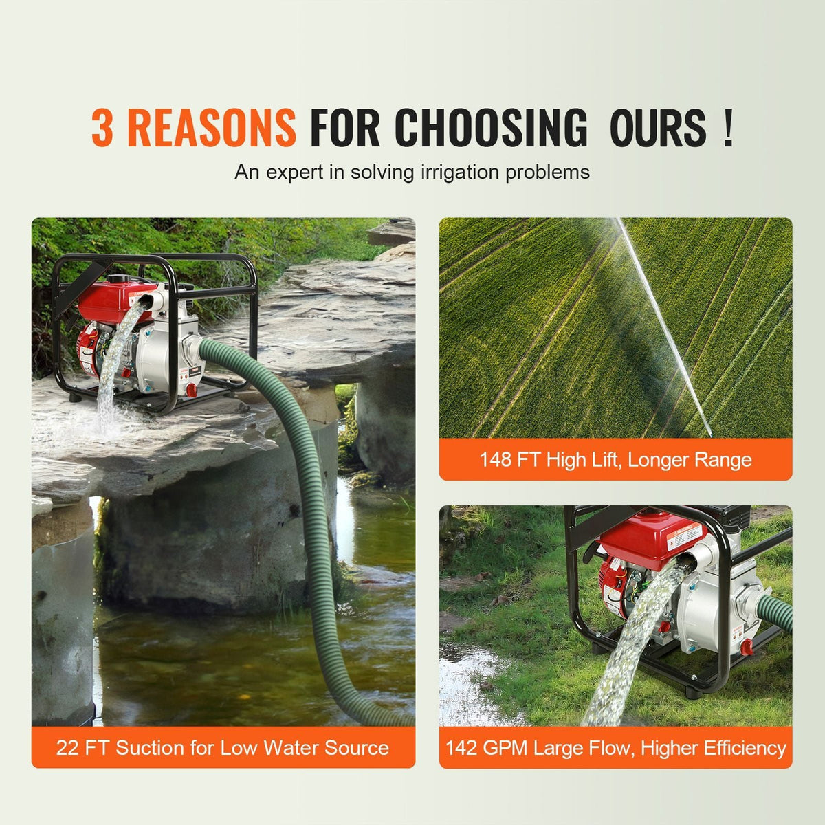 Gasoline Engine Water Pump, 2-inch, 7HP 142 GPM, 148ft Lift, 22ft Suction, 4-Stroke Gas Powered Trash Water Transfer Pump Portable High Pressure with 25ft Hose for Irrigation Pool, EPA Certified