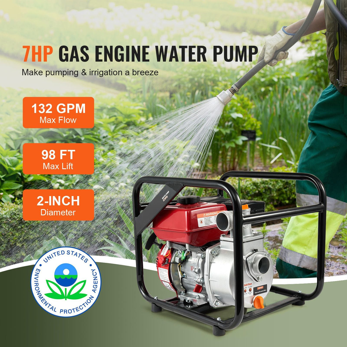 Gasoline Powered Trash Pump, 2 in/50 mm, 7HP 132GPM 4-Stroke Gasoline Engine Water Transfer Pump with 25 ft/7.62 m Outlet Hose Max 98 ft Lift 26ft Suction, Cast Iron Impeller for Irrigation Pool