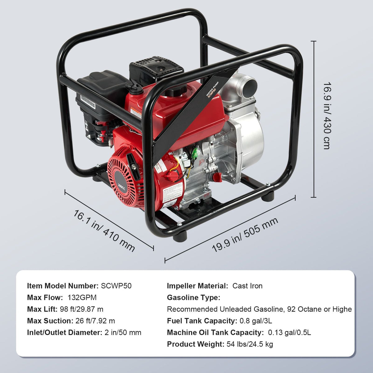 Gasoline Powered Trash Pump, 2 in/50 mm, 7HP 132GPM 4-Stroke Gasoline Engine Water Transfer Pump with 25 ft/7.62 m Outlet Hose Max 98 ft Lift 26ft Suction, Cast Iron Impeller for Irrigation Pool