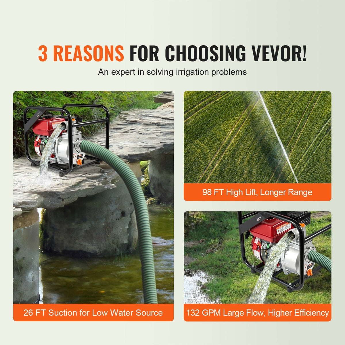 Gasoline Powered Trash Pump, 2 in/50 mm, 7HP 132GPM 4-Stroke Gasoline Engine Water Transfer Pump with 25 ft/7.62 m Outlet Hose Max 98 ft Lift 26ft Suction, Cast Iron Impeller for Irrigation Pool
