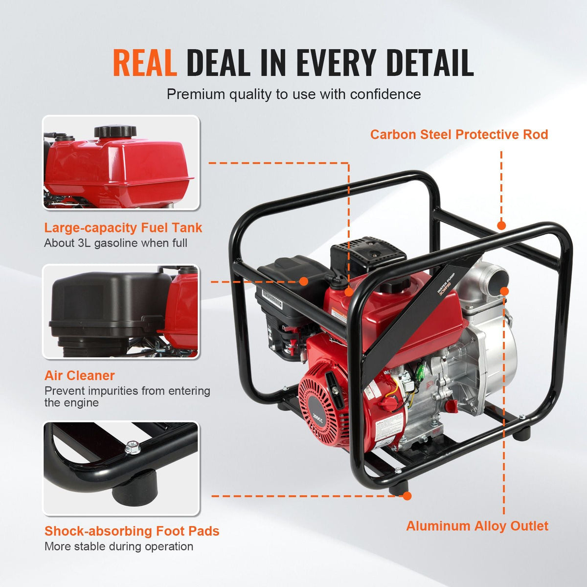 Gasoline Powered Trash Pump, 2 in/50 mm, 7HP 132GPM 4-Stroke Gasoline Engine Water Transfer Pump with 25 ft/7.62 m Outlet Hose Max 98 ft Lift 26ft Suction, Cast Iron Impeller for Irrigation Pool