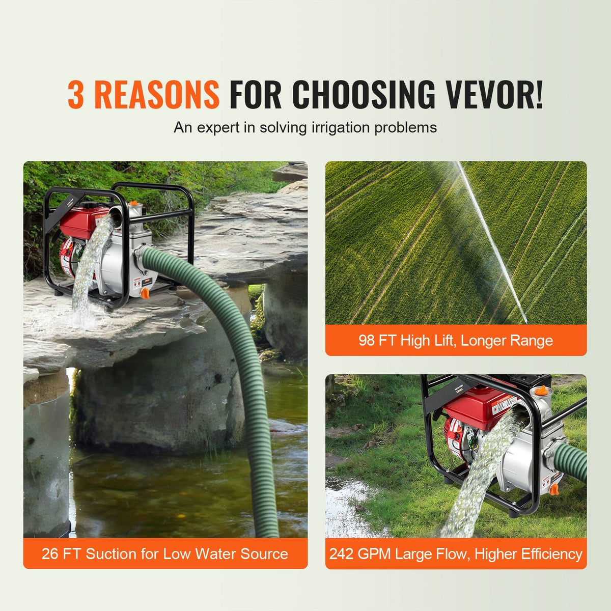 Gasoline Powered Trash Pump, 3 in/80 mm, 7HP 242GPM 4-Stroke Gasoline Engine Water Transfer Pump with 25 ft/7.62 m Outlet Hose Max 98 ft Lift 26ft Suction, Cast Iron Impeller for Irrigation Pool