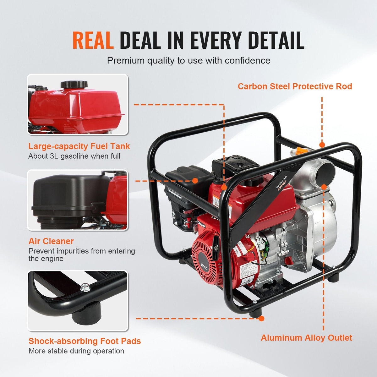 Gasoline Powered Trash Pump, 3 in/80 mm, 7HP 242GPM 4-Stroke Gasoline Engine Water Transfer Pump with 25 ft/7.62 m Outlet Hose Max 98 ft Lift 26ft Suction, Cast Iron Impeller for Irrigation Pool