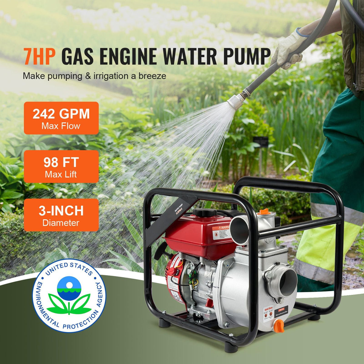 Gasoline Powered Trash Pump, 3 in/80 mm, 7HP 242GPM 4-Stroke Gasoline Engine Water Transfer Pump with 25 ft/7.62 m Outlet Hose Max 98 ft Lift 26ft Suction, Cast Iron Impeller for Irrigation Pool