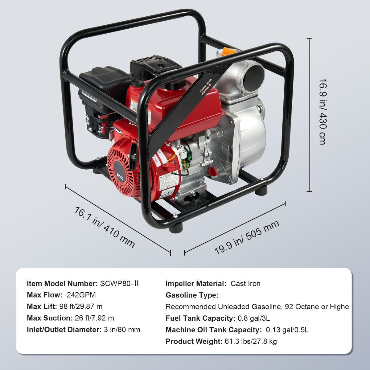 Gasoline Powered Trash Pump, 3 in/80 mm, 7HP 242GPM 4-Stroke Gasoline Engine Water Transfer Pump with 25 ft/7.62 m Outlet Hose Max 98 ft Lift 26ft Suction, Cast Iron Impeller for Irrigation Pool