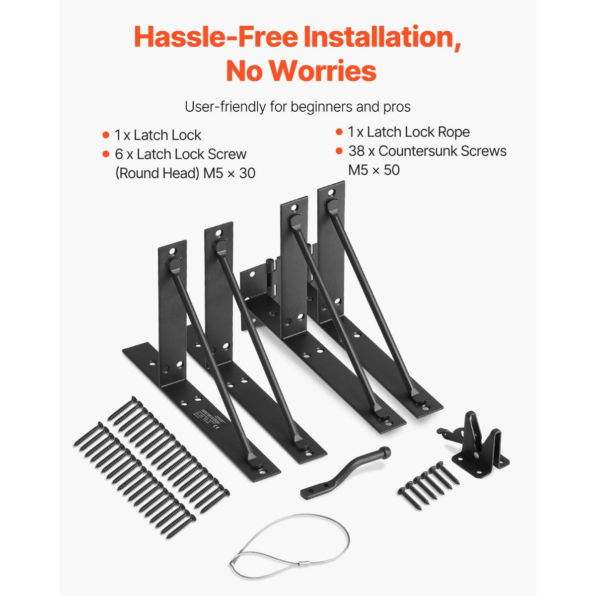 Gate Corner Brace Bracket, Anti Sag Gate Frame Hardware Kit, Gate Frame Brace Bracket with Latch Lock, Latch Lock Rope, for Shed Doors, Corral Gates, Driveway Gates, Stable Gates, Iron, Black
