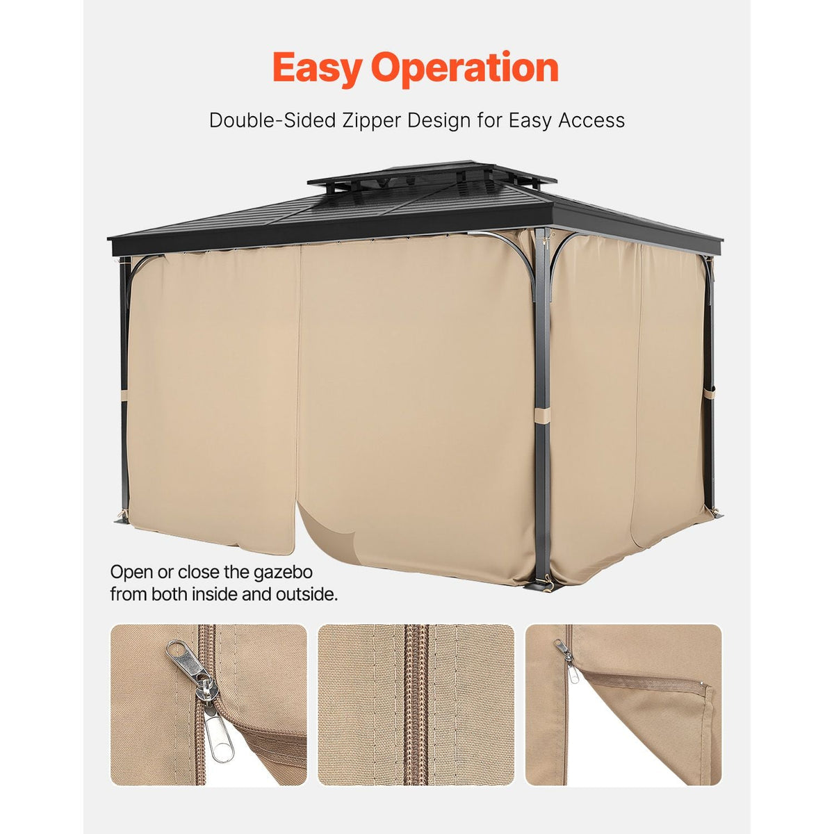 Gazebo Curtains Outdoor, 12' x 10' x 7.3' Gazebos, 4-Panel Sidewall Gazebo Privacy Curtains with Zippers, Outdoor Curtain Replacement for Patio Canopy, Only Curtain, Khaki