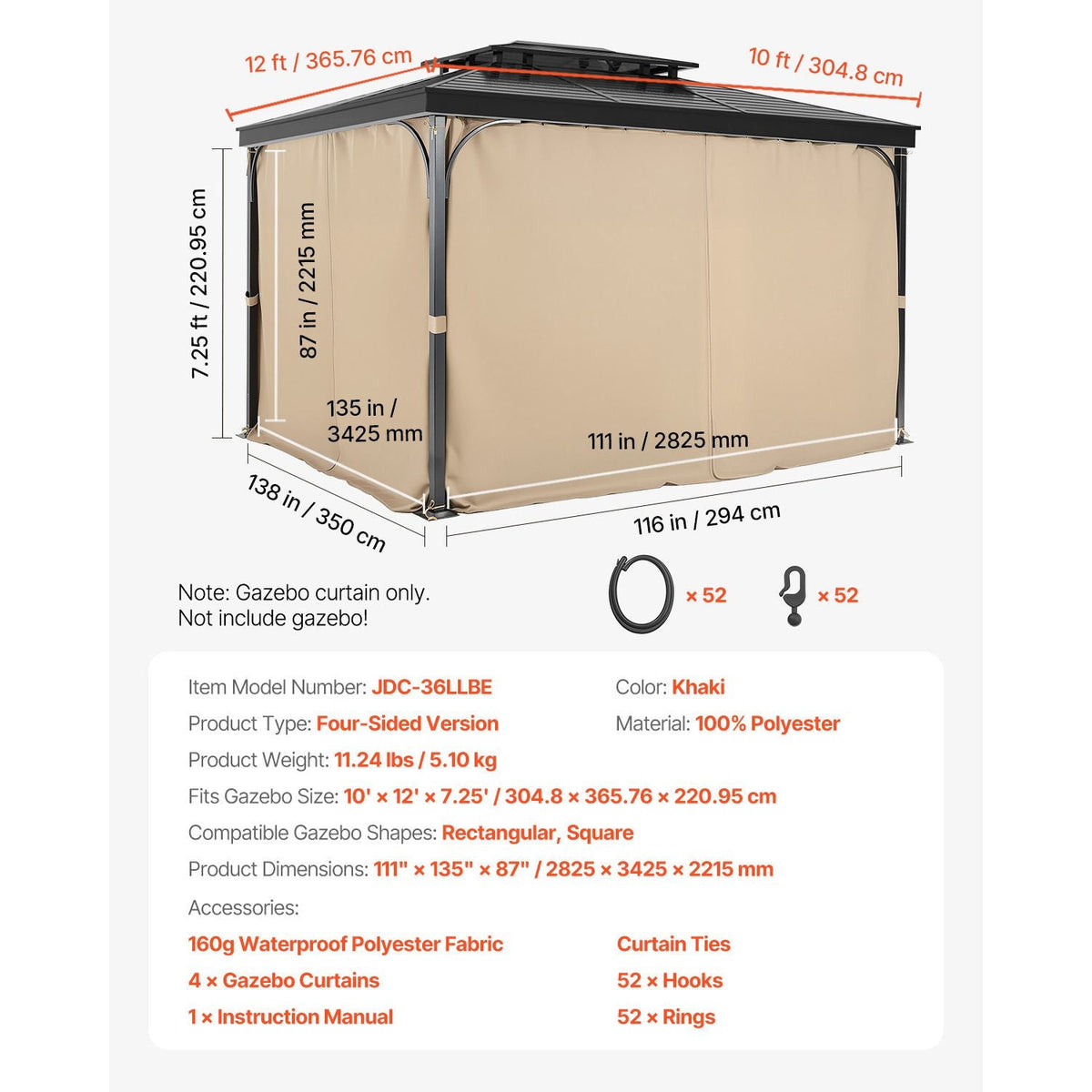 Gazebo Curtains Outdoor, 12' x 10' x 7.3' Gazebos, 4-Panel Sidewall Gazebo Privacy Curtains with Zippers, Outdoor Curtain Replacement for Patio Canopy, Only Curtain, Khaki