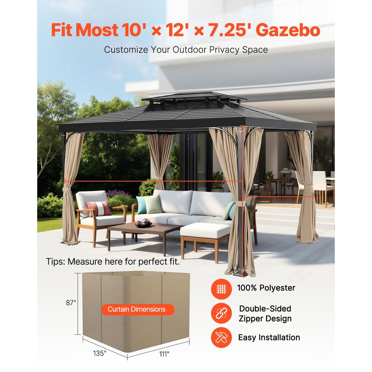 Gazebo Curtains Outdoor, 12' x 10' x 7.3' Gazebos, 4-Panel Sidewall Gazebo Privacy Curtains with Zippers, Outdoor Curtain Replacement for Patio Canopy, Only Curtain, Khaki