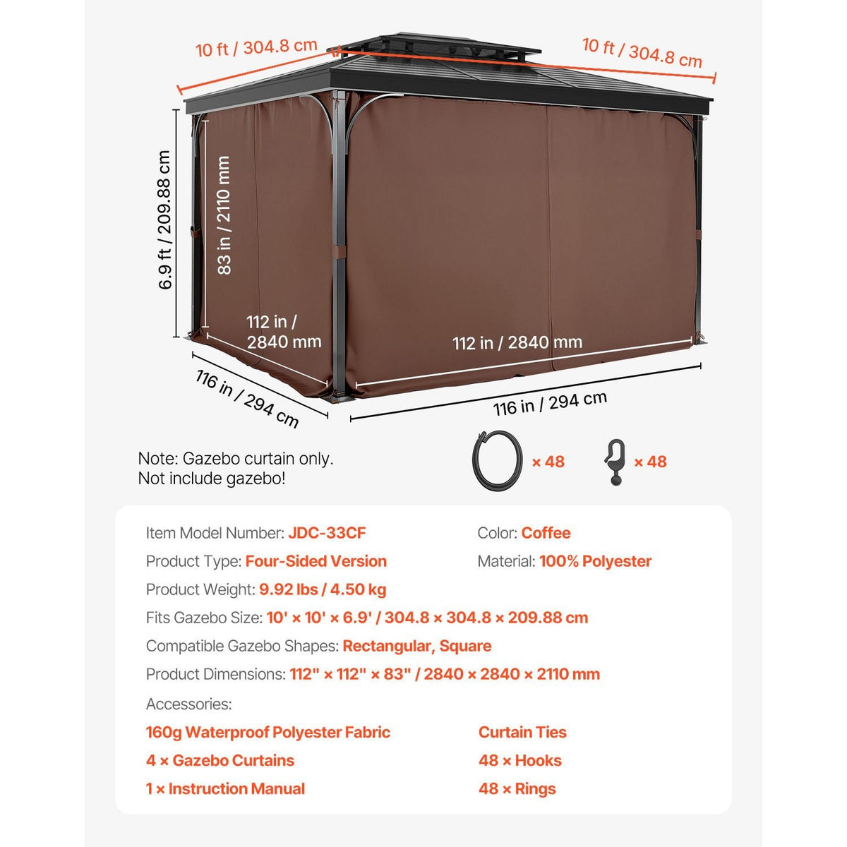 Gazebo Curtains Outdoor, Fit Most 10' x 10' x 6.9' Gazebos, 4-Panel Sidewall Gazebo Privacy Curtains with Zippers, Outdoor Curtain Replacement for Patio Canopy, Only Curtain, Coffee