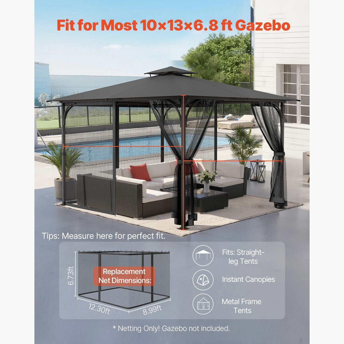 Gazebo Netting Replacement, Fit Most 10 x 13 x 6.8 FT Gazebo Curtain, Outdoor Garden Net, 4-Panel Sidewall Mesh Net, Patio Midge Netting with Double Zipper, Canopy Screen (Netting Only)