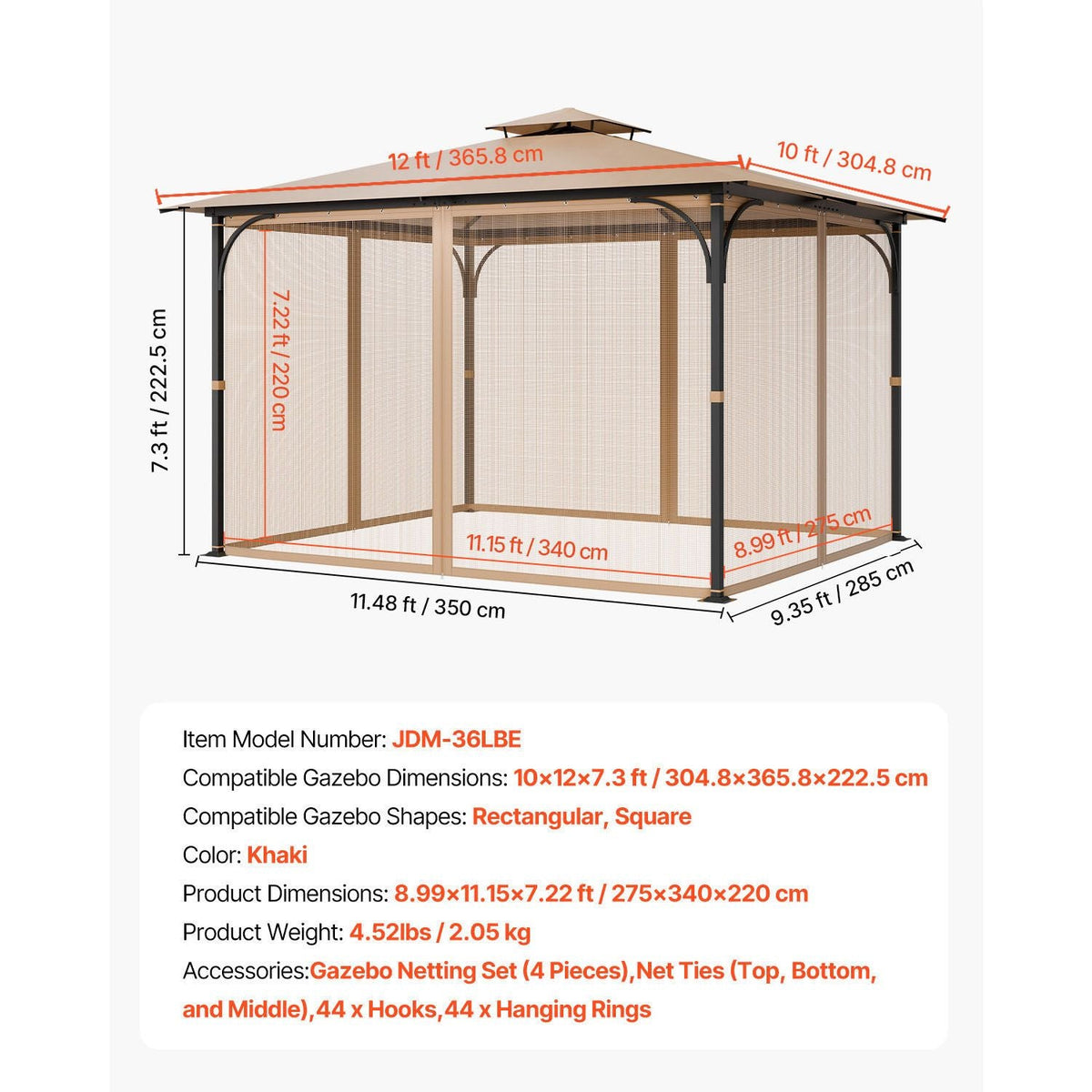 Gazebo Netting Replacement, Fit Most 10x12x7.3 FT Gazebo, Outdoor Garden Gazebo Net, 4-Panel Sidewall Mesh Gazebo Curtain, Patio Midge Netting with Double Zipper, Canopy Screen (Netting Only)