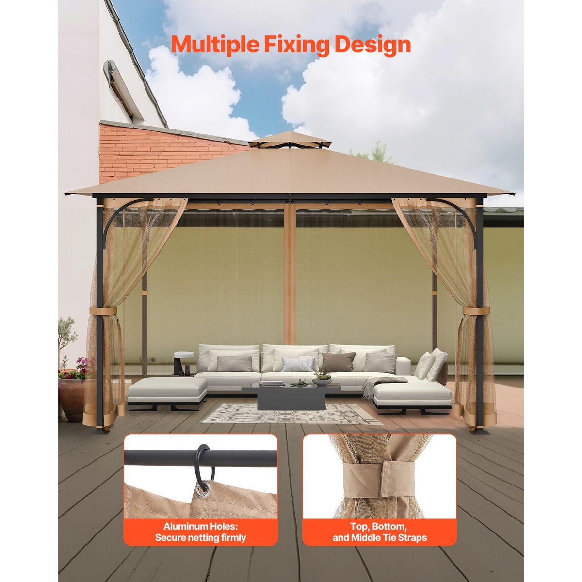 Gazebo Netting Replacement, Fit Most 10x12x7.3 FT Gazebo, Outdoor Garden Gazebo Net, 4-Panel Sidewall Mesh Gazebo Curtain, Patio Midge Netting with Double Zipper, Canopy Screen (Netting Only)