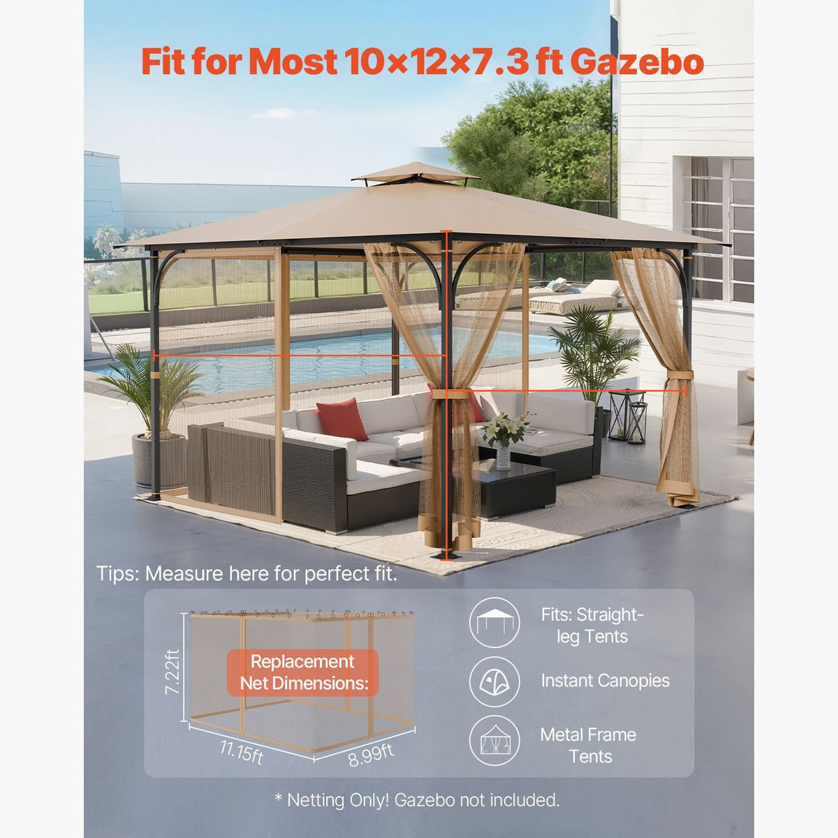 Gazebo Netting Replacement, Fit Most 10x12x7.3 FT Gazebo, Outdoor Garden Gazebo Net, 4-Panel Sidewall Mesh Gazebo Curtain, Patio Midge Netting with Double Zipper, Canopy Screen (Netting Only)