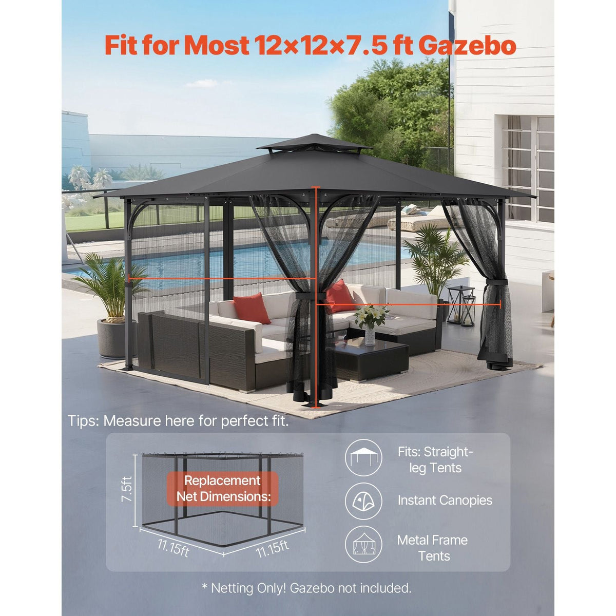 Gazebo Netting Replacement, Fit Most 12 x 12 x 7.5 FT Gazebo Curtain, Outdoor Garden Net, 4-Panel Sidewall Mesh Net, Patio Midge Netting with Double Zipper, Canopy Screen (Netting Only)