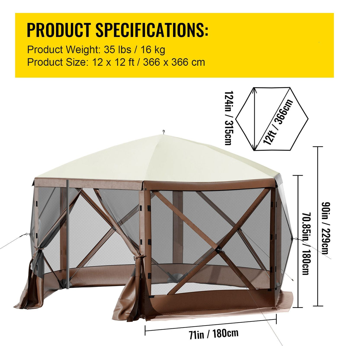 Gazebo Screen Tent, 12 x 12 ft, 6 Sided Pop-up Camping Canopy Shelter Tent with Mesh Windows, Portable Carry Bag, Ground Stakes, Large Shade Tents for Outdoor Camping, Lawn and Backyard