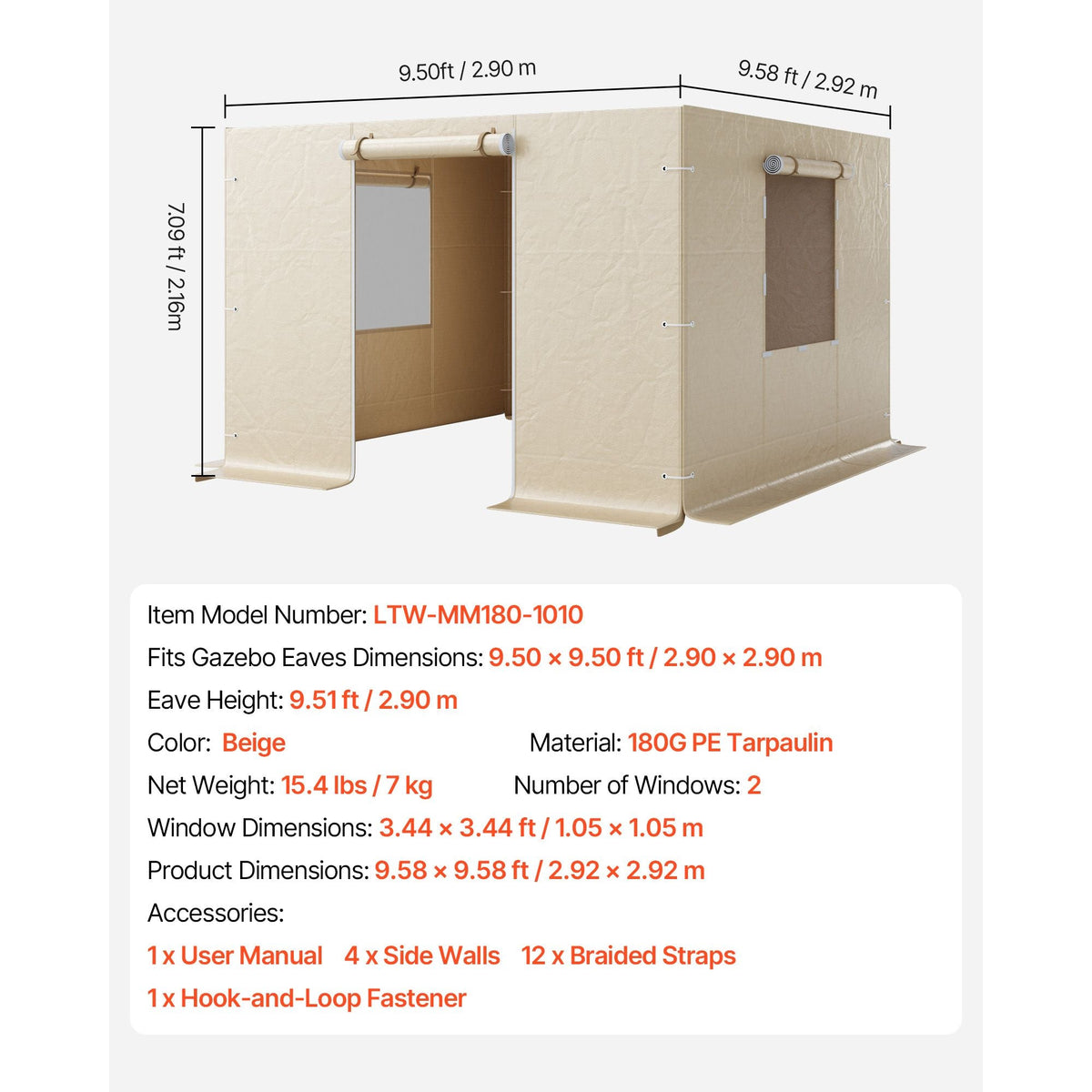 Gazebo Sidewall Fits 10 x 10 ft Gazebos, 4-Panel Winter Cover Side Walls for Hardtop Gazebo, High-Density PE Material, All Weather Outdoor Cover with Mesh Windows, Gazebos not Included