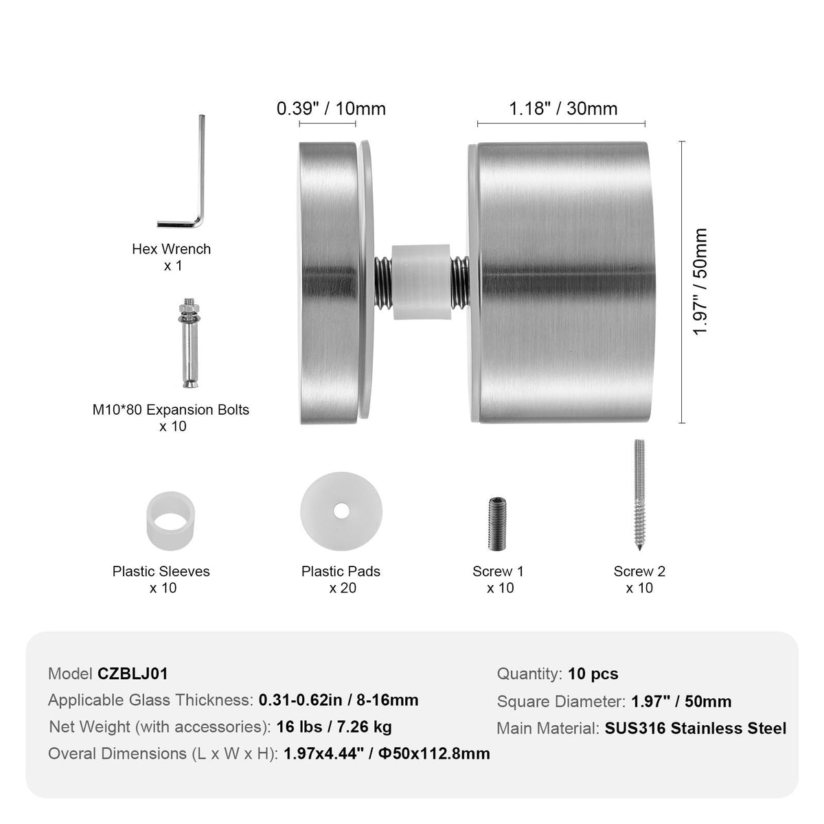 Glass Clamp, 10 PCS Round Glass Railing Bracket for 0.31 "-0.62 " Tempered Glass, 316 Stainless Steel Glass Mounting Clamp, Glass Shelf Bracket for Balcony, Garden, Pool, Stair, Silver