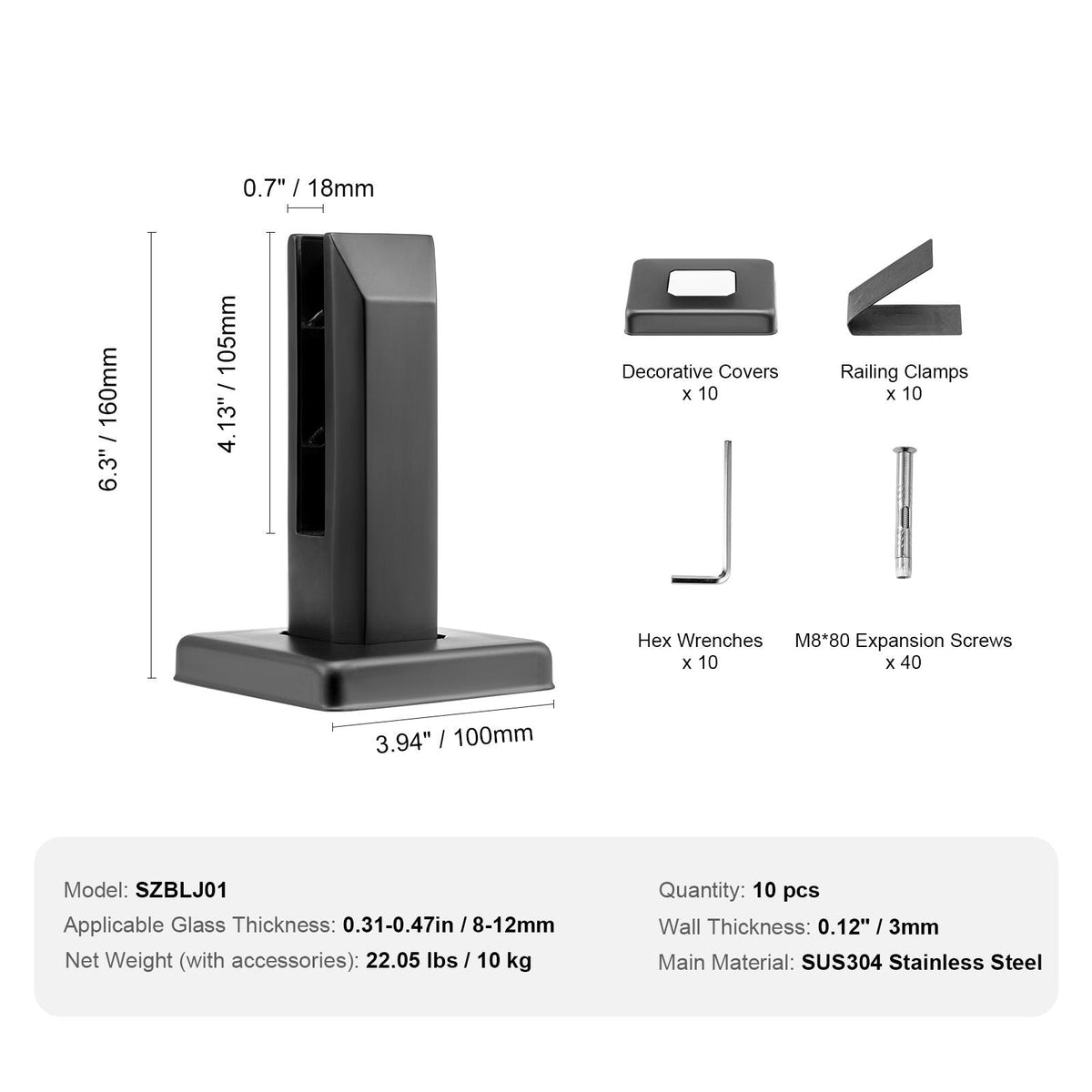 Glass Clamp, 10 PCS Square Glass Railing Bracket for 0.31 "-0.47 " Tempered Glass, 304 Stainless Steel Glass Mounting Clamp, 0.12' Thick Glass Shelf Bracket for Balcony, Garden, Deck, Stair