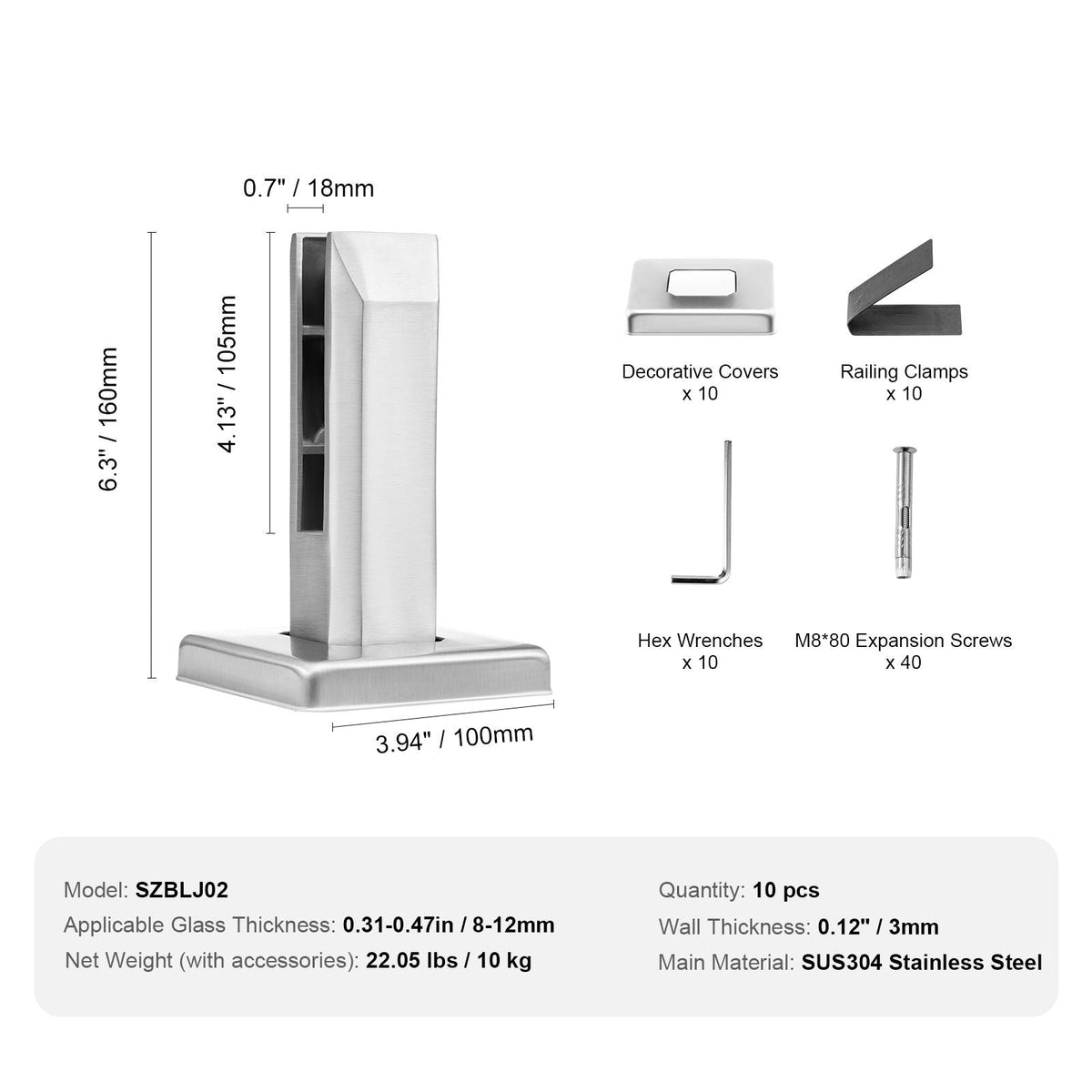 Glass Clamp, 10 PCS Square Glass Railing Bracket for 0.31 "-0.47 " Tempered Glass, 304 Stainless Steel Glass Mounting Clamp, 0.12' Thick Glass Shelf Bracket for Balcony, Garden, Stair, Silver