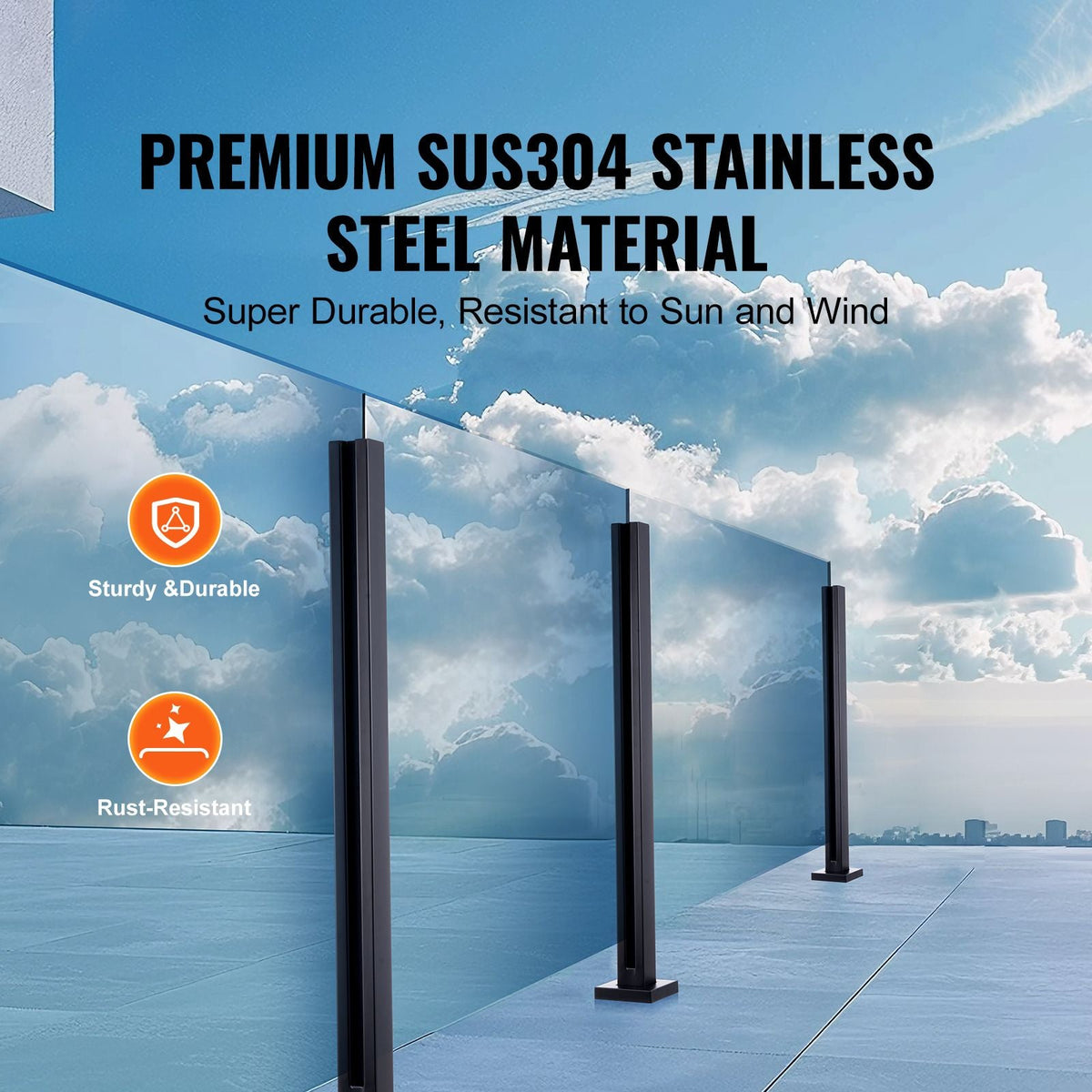 Glass Clamp, 37.4" Height Glass Railing Bracket for 0.39 "-0.47 " Thickness Tempered Glass, 304 Stainless Steel Glass Mounting Clamp, Glass Shelf Bracket for Balcony, Garden, Deck, Stair, Black