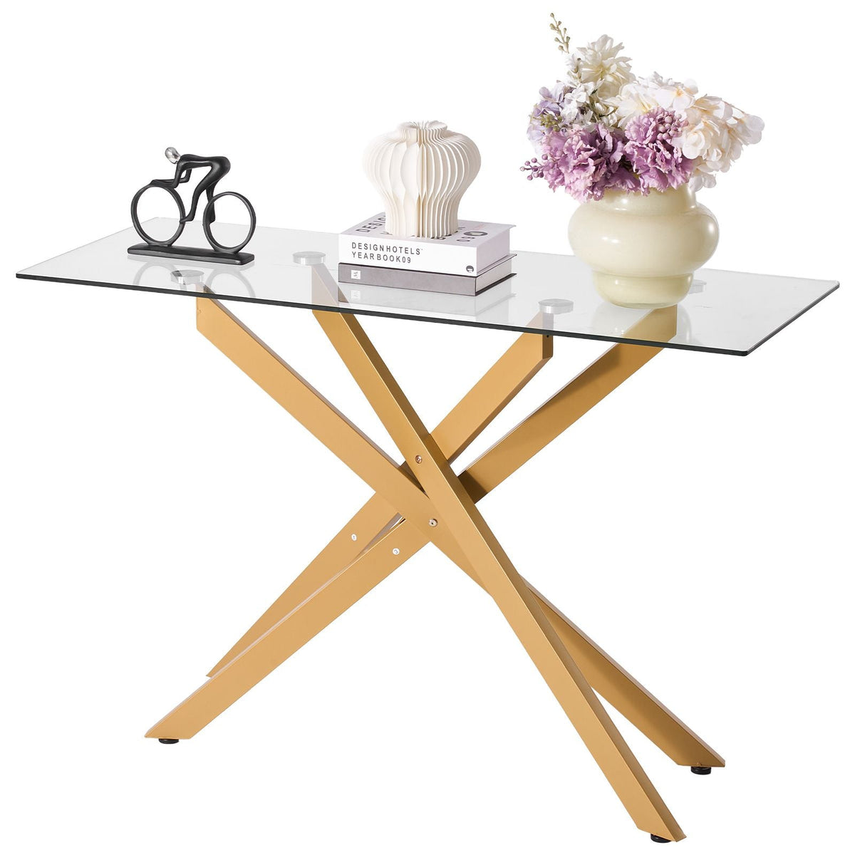Glass Coffee Table, Modern Rectangle Sofa Side Table with Tempered Glass Top & Iron Cross-Legs, Golden Geometric Consloe Desk with Adjustable Anti-slip Foot Pads for Living Room, Entryway, Foyer