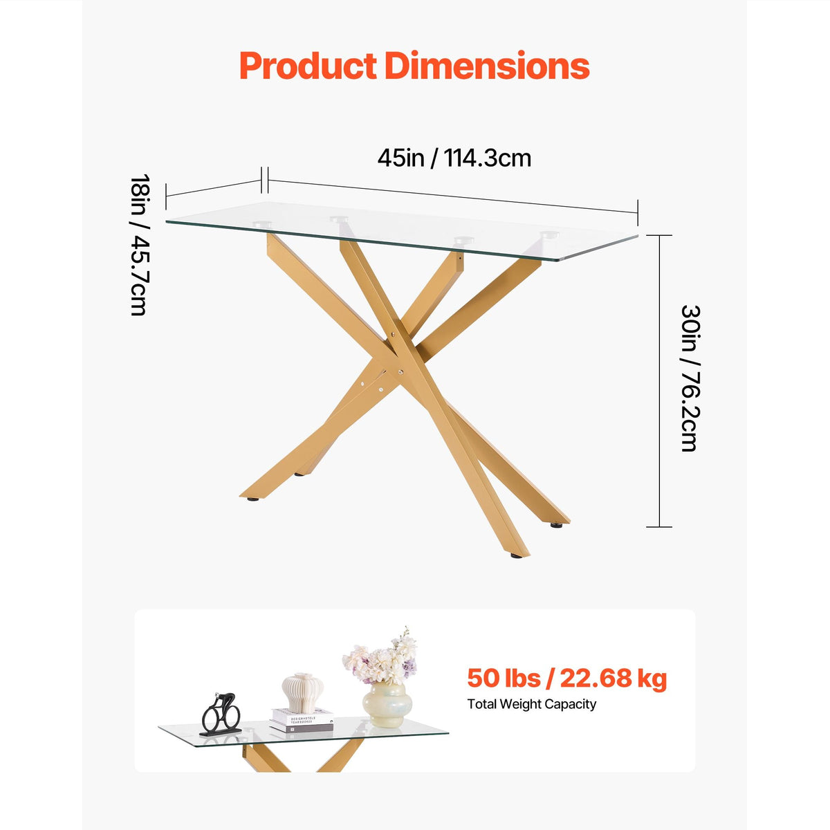 Glass Coffee Table, Modern Rectangle Sofa Side Table with Tempered Glass Top & Iron Cross-Legs, Golden Geometric Consloe Desk with Adjustable Anti-slip Foot Pads for Living Room, Entryway, Foyer