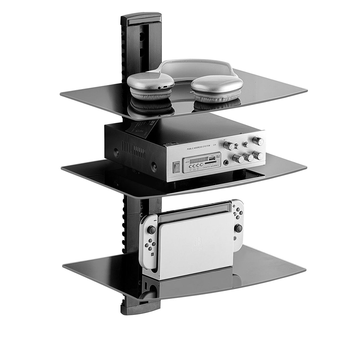 Glass Floating Shelves, Holds up to 18 lbs, TV Wall Mount with Shelf, Strengthened Floating Entertainment Center for DVD Players / PS4 / Cable Boxes/Game Consoles/Sky Box/TV Accessories-3 Tiers