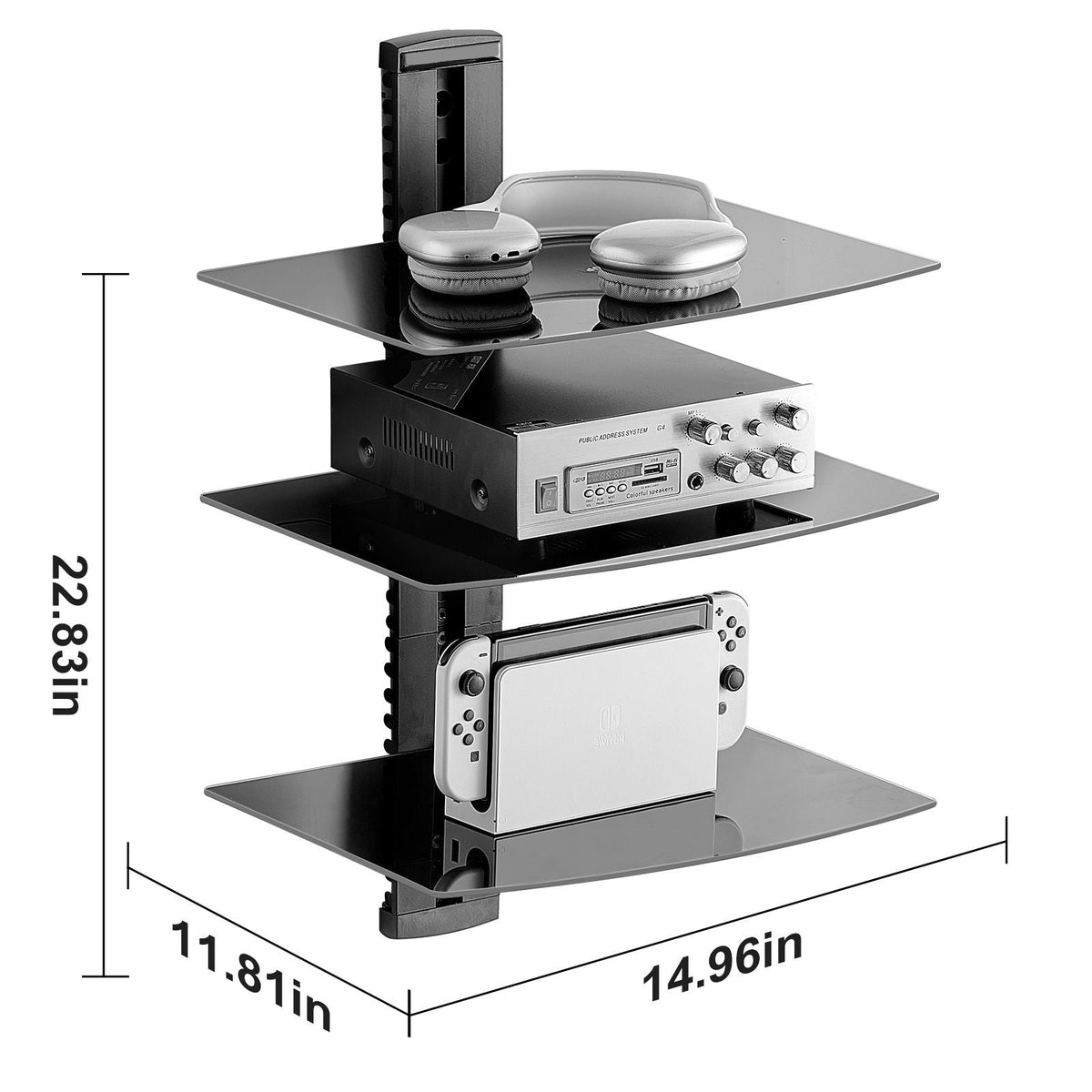Glass Floating Shelves, Holds up to 18 lbs, TV Wall Mount with Shelf, Strengthened Floating Entertainment Center for DVD Players / PS4 / Cable Boxes/Game Consoles/Sky Box/TV Accessories-3 Tiers