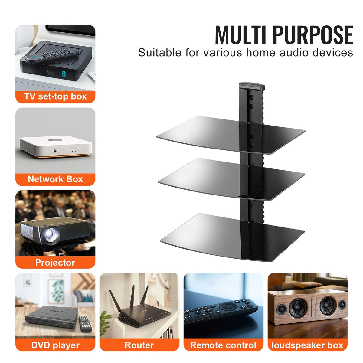 Glass Floating Shelves, Holds up to 18 lbs, TV Wall Mount with Shelf, Strengthened Floating Entertainment Center for DVD Players / PS4 / Cable Boxes/Game Consoles/Sky Box/TV Accessories-3 Tiers