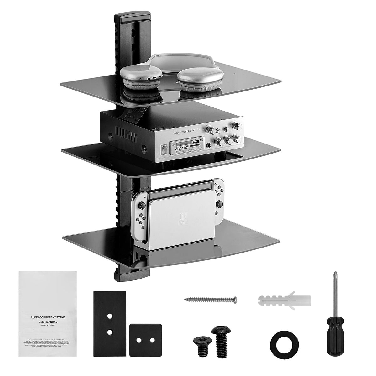 Glass Floating Shelves, Holds up to 18 lbs, TV Wall Mount with Shelf, Strengthened Floating Entertainment Center for DVD Players / PS4 / Cable Boxes/Game Consoles/Sky Box/TV Accessories-3 Tiers