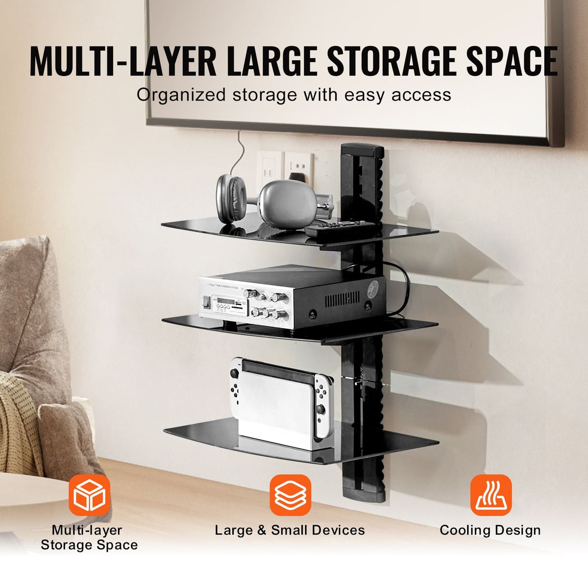 Glass Floating Shelves, Holds up to 18 lbs, TV Wall Mount with Shelf, Strengthened Floating Entertainment Center for DVD Players / PS4 / Cable Boxes/Game Consoles/Sky Box/TV Accessories-3 Tiers