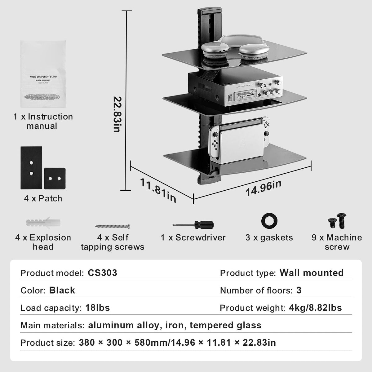 Glass Floating Shelves, Holds up to 18 lbs, TV Wall Mount with Shelf, Strengthened Floating Entertainment Center for DVD Players / PS4 / Cable Boxes/Game Consoles/Sky Box/TV Accessories-3 Tiers