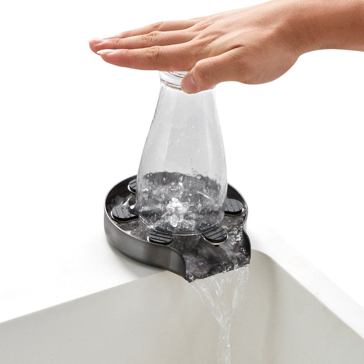 Glass Rinser, 10 Powerful Spraying Jets 360° Rotating Cup Rinser for Sink, 304 Stainless Steel Faucet Cup Washer & Silicone Nonslip Pad for Baby Bottle, Glass Cup, Wine Glass (Silver Grey Base)