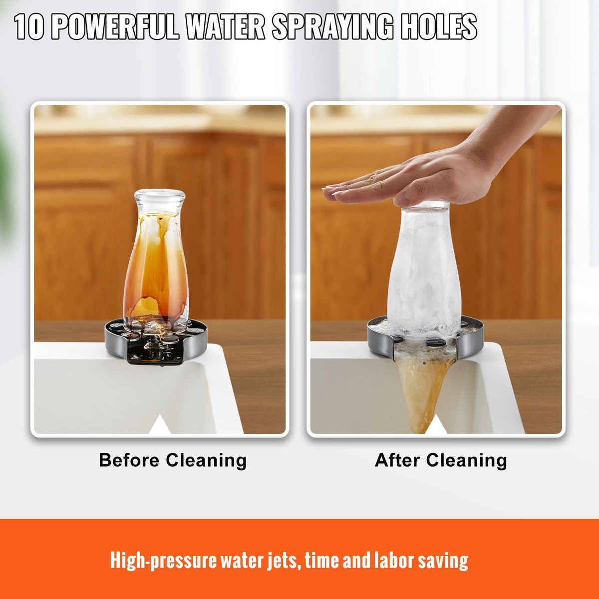 Glass Rinser, 10 Powerful Spraying Jets 360° Rotating Cup Rinser for Sink, 304 Stainless Steel Faucet Cup Washer & Silicone Nonslip Pad for Baby Bottle, Glass Cup, Wine Glass (Silver Grey Base)