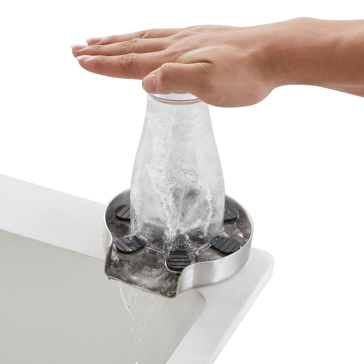 Glass Rinser, 10 Powerful Spraying Jets 360° Rotating Cup Rinser for Sink, 304 Stainless Steel Faucet Cup Washer with Silicone Nonslip Pad for Baby Bottle, Glass Cup, Wine Glass (Drawing Base)