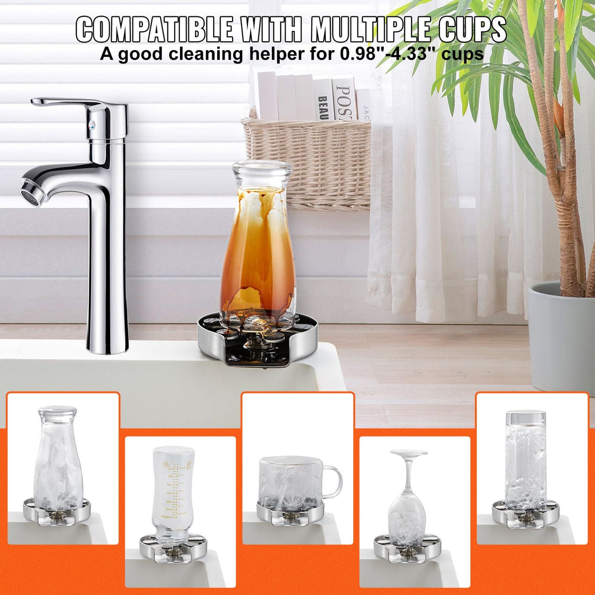 Glass Rinser, 10 Powerful Spraying Jets 360° Rotating Cup Rinser for Sink, 304 Stainless Steel Faucet Cup Washer with Silicone Nonslip Pad for Baby Bottle, Glass Cup, Wine Glass (Drawing Base)