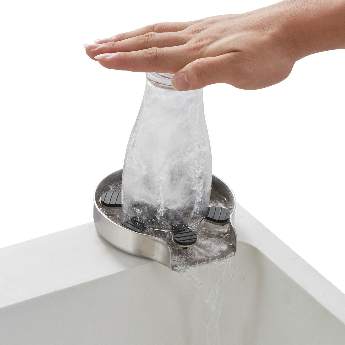Glass Rinser, 10 Powerful Spraying Jets 360° Rotating Cup Rinser for Sink, 304 Stainless Steel Faucet Cup Washer with Silicone Nonslip Pad for Baby Bottle, Glass Cup, Wine Glass (Drawing Base)