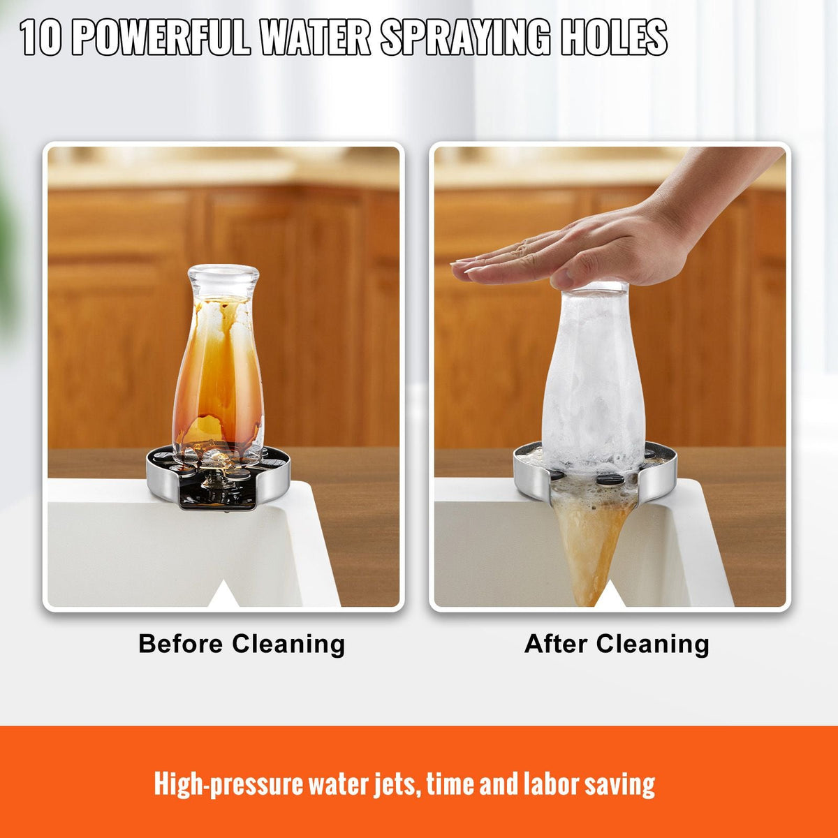 Glass Rinser, 10 Powerful Spraying Jets 360° Rotating Cup Rinser for Sink, 304 Stainless Steel Faucet Cup Washer with Silicone Nonslip Pad for Baby Bottle, Glass Cup, Wine Glass (Drawing Base)