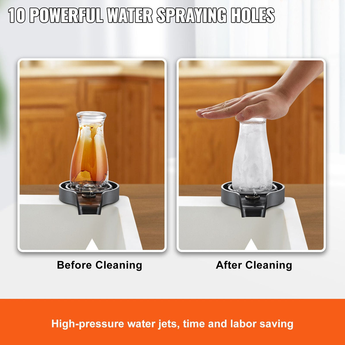 Glass Rinser, 10 Powerful Spraying Jets 360° Rotating Cup Rinser for Sink, Wearproof ABS Kitchen Sink Faucet Cup Washer & ABS Cup Holder for Baby Bottle, Glass Cup, Wine Glass (Black Base)