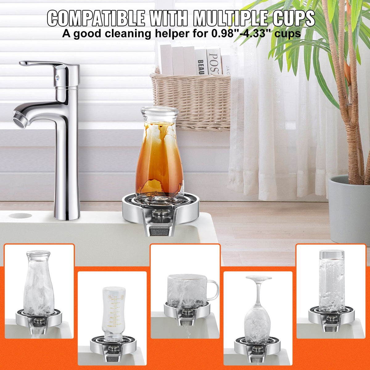 Glass Rinser, 10 Powerful Spraying Jets 360° Rotating Cup Rinser for Sink, Wearproof ABS Kitchen Sink Faucet Cup Washer & ABS Cup Holder for Baby Bottle, Glass Cup, Wine Glass(Silver Grey Base)