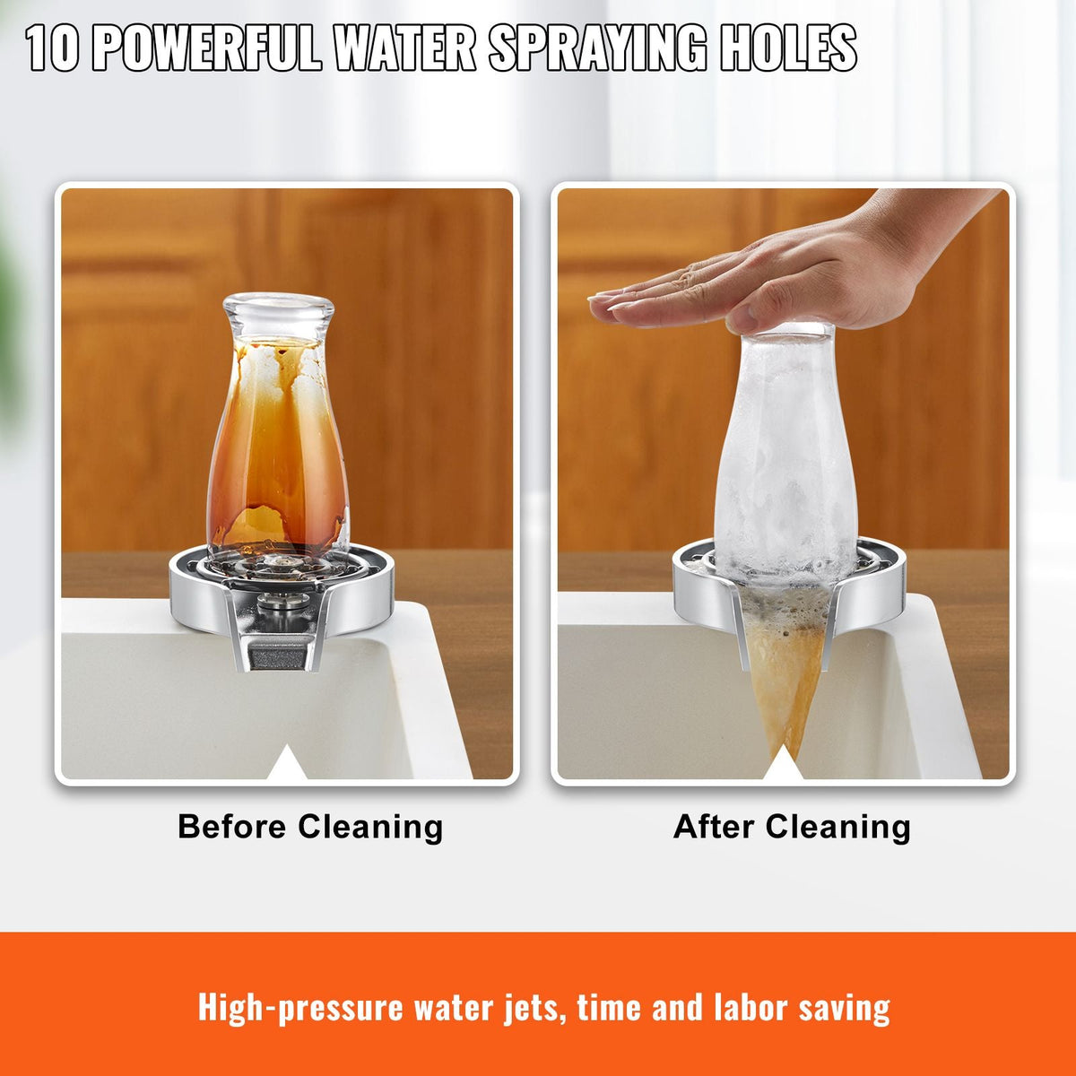 Glass Rinser, 10 Powerful Spraying Jets 360° Rotating Cup Rinser for Sink, Wearproof ABS Kitchen Sink Faucet Cup Washer & ABS Cup Holder for Baby Bottle, Glass Cup, Wine Glass(Silver Grey Base)