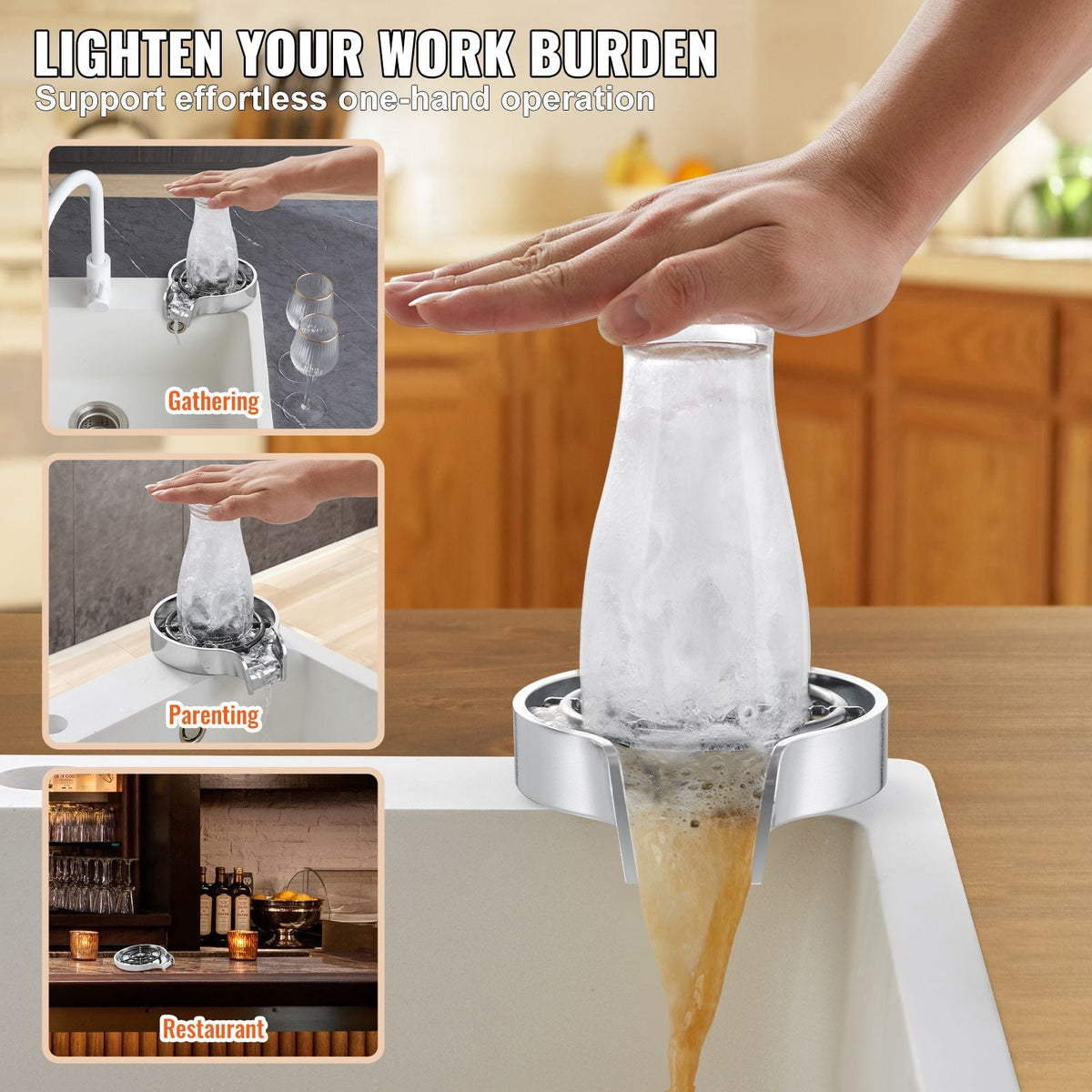 Glass Rinser, 10 Powerful Spraying Jets 360° Rotating Cup Rinser for Sink, Wearproof ABS Kitchen Sink Faucet Cup Washer & ABS Cup Holder for Baby Bottle, Glass Cup, Wine Glass(Silver Grey Base)