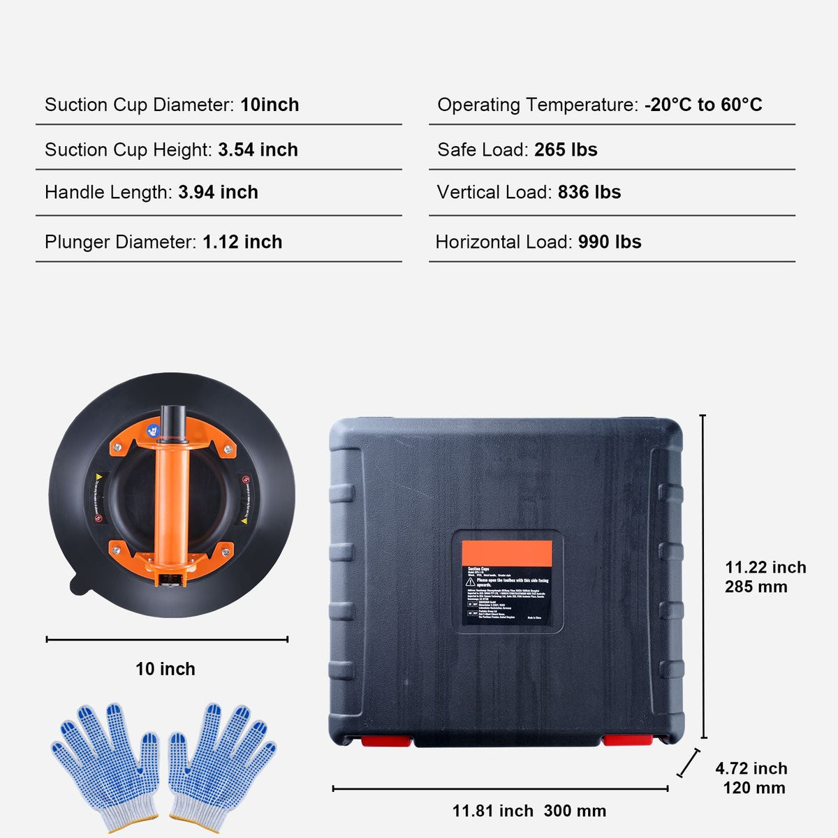 Glass Suction Cup, 10" 990 lbs Load Capacity, Vacuum Suction Cup with Steel Handle & Carry Box, Heavy Duty Industrial Suction Cup Lifter Tool for Glass, Granite, Tile, Metal, Wood Panel Lifting