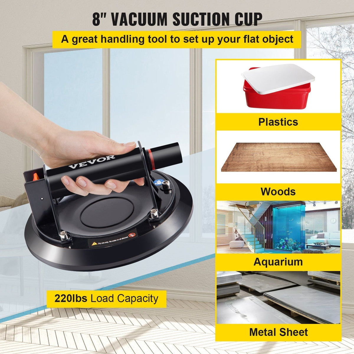 Glass Suction Cup, 8\'\' Vacuum Suction Cup, 220lbs Load Capacity Vacuum Glass Lifter with Plastic Handle, Heavy-Duty Hand-Held Glass Lifter For Granite & Glass Lifting(With a free case)